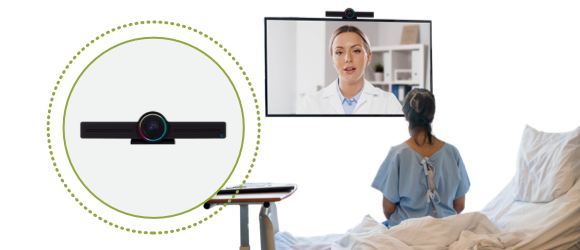 Patient talking to a provider via TV kit in a hospital