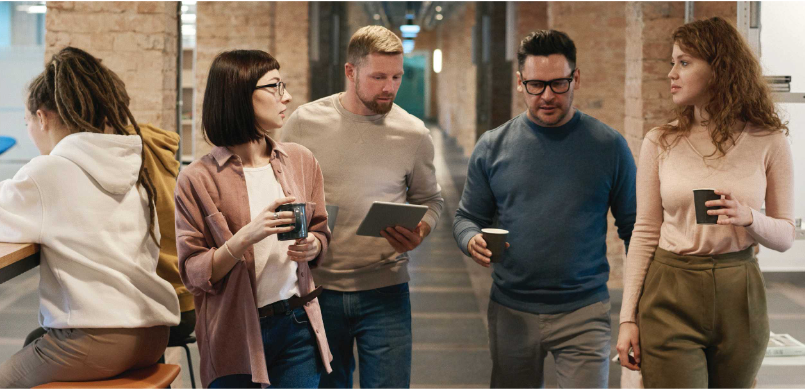 researchers walking and talking